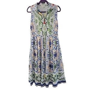 Pink Ripple Womens Blue Yellow Tile Floral Print Belted Sleeveless Midi Dress L